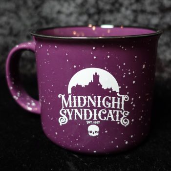 A purple campfire mug with the Midnight Syndicate logo in white