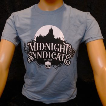 Midnight Syndicate stone blue t-shirt with alternate logo printed in black and white