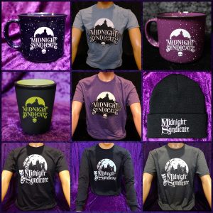 New Midnight Syndicate shirts, winter hat, mugs, shot glasses as of August 2024