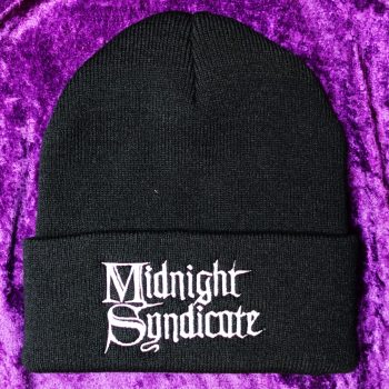 A black knit winter hat featuring the Midnight Syndicate logo in white embroidery