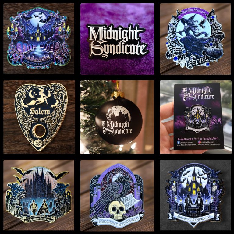 Midnight Syndicate collectible pins and ornament