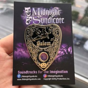 Salem Massachusetts Black and Gold Planchette-shaped pin with backer card